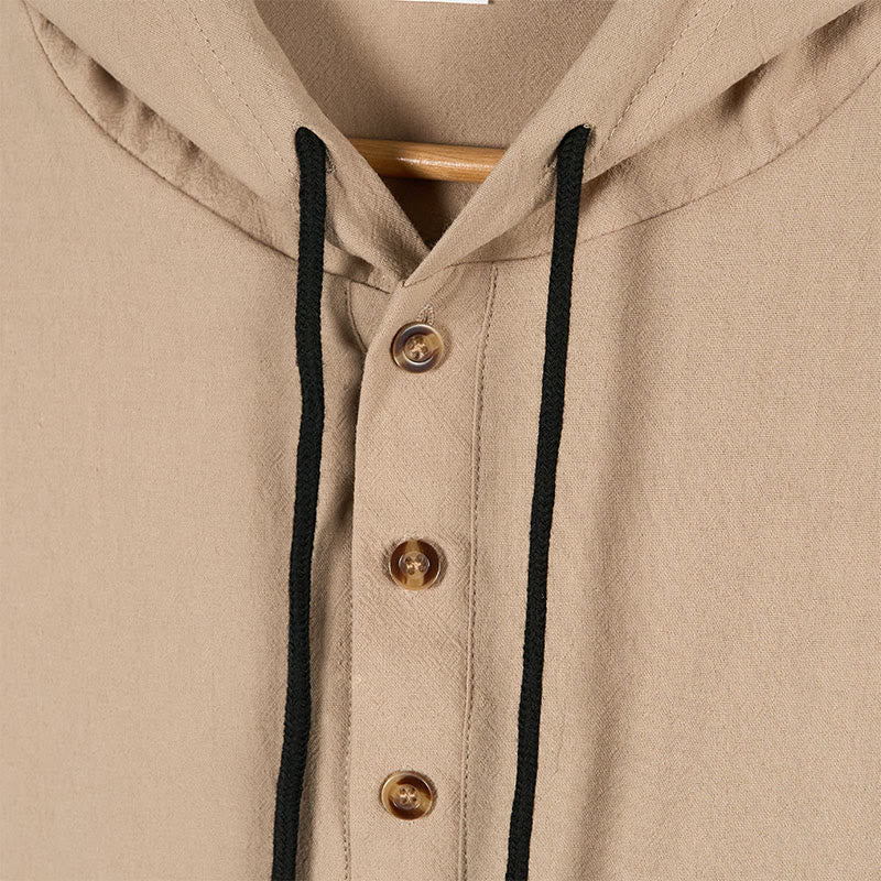 Buddha Stones Solid Color Fall Half Buttons Men's Hooded Long Sleeve Cotton Shirt