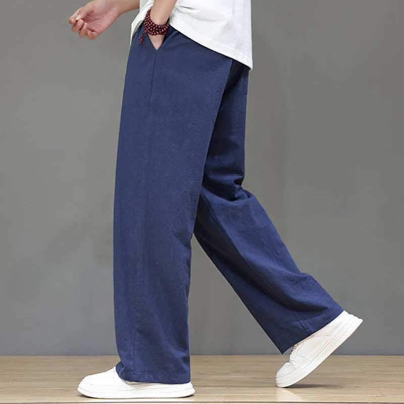 Buddha Stones Summer Men's Cotton Linen Straight Leg Pants With Pockets