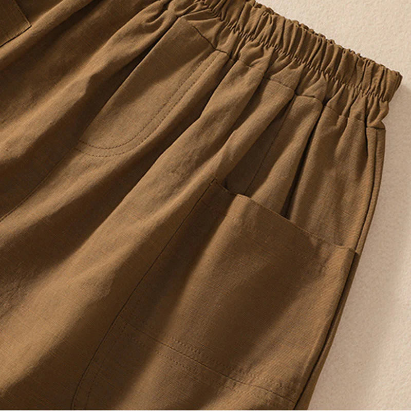 Buddha Stones Summer Casual Elastic Waist Plain Women's Polyester Shorts With Pockets