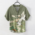 Buddha Stones Cotton Crane Auspicious Clouds Landscapes Pattern Men's Short Sleeve Half Button Shirt