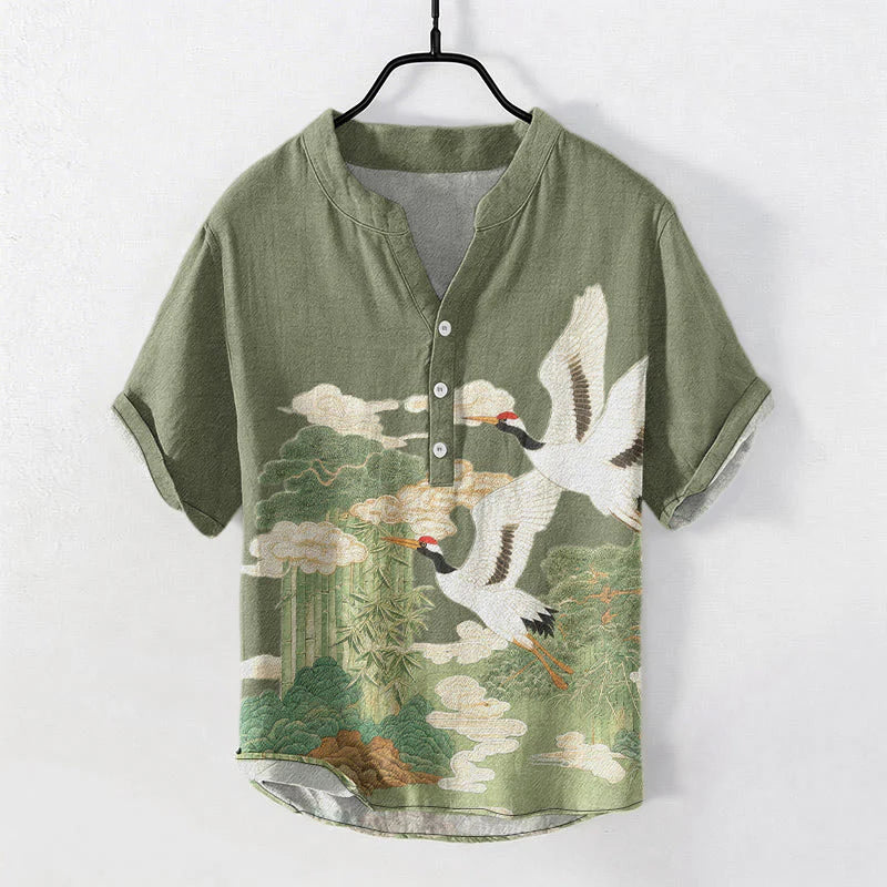 Buddha Stones Cotton Crane Auspicious Clouds Landscapes Pattern Men's Short Sleeve Half Button Shirt