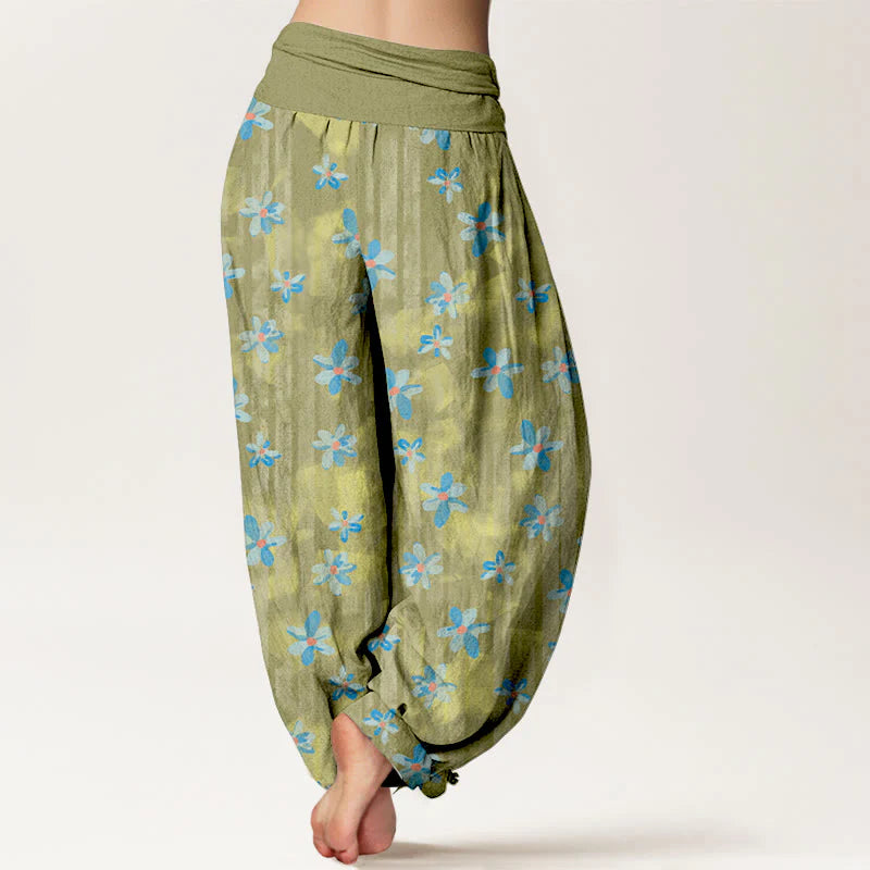 Buddha Stones Cotton Simple Style Flower Pattern Women's Elastic Waist Harem Pants