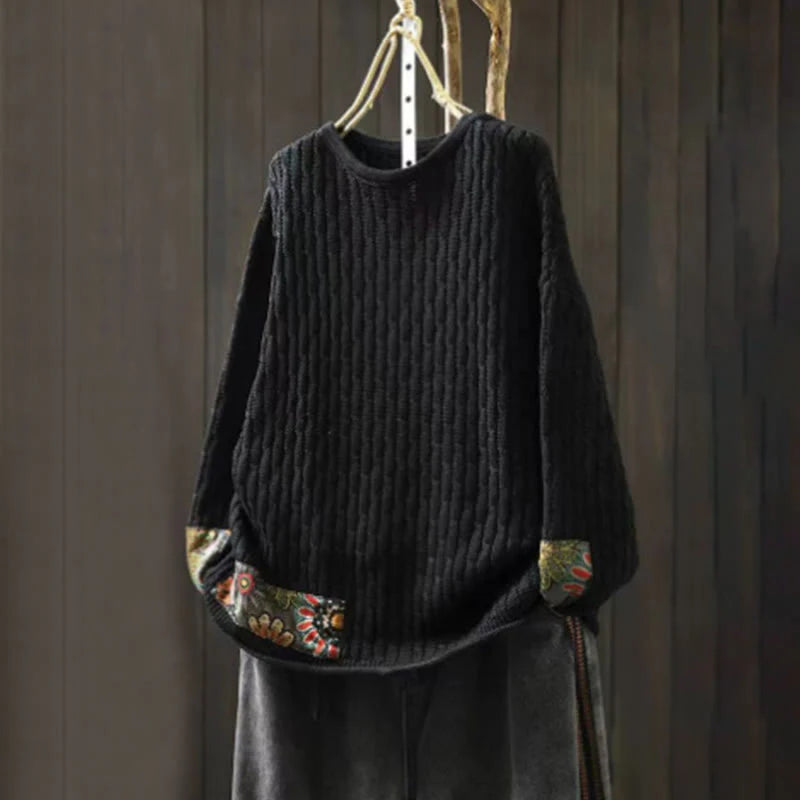 Buddha Stones Winter Patchwork Design Long Sleeve Crew Neck Women's Cotton Sweater