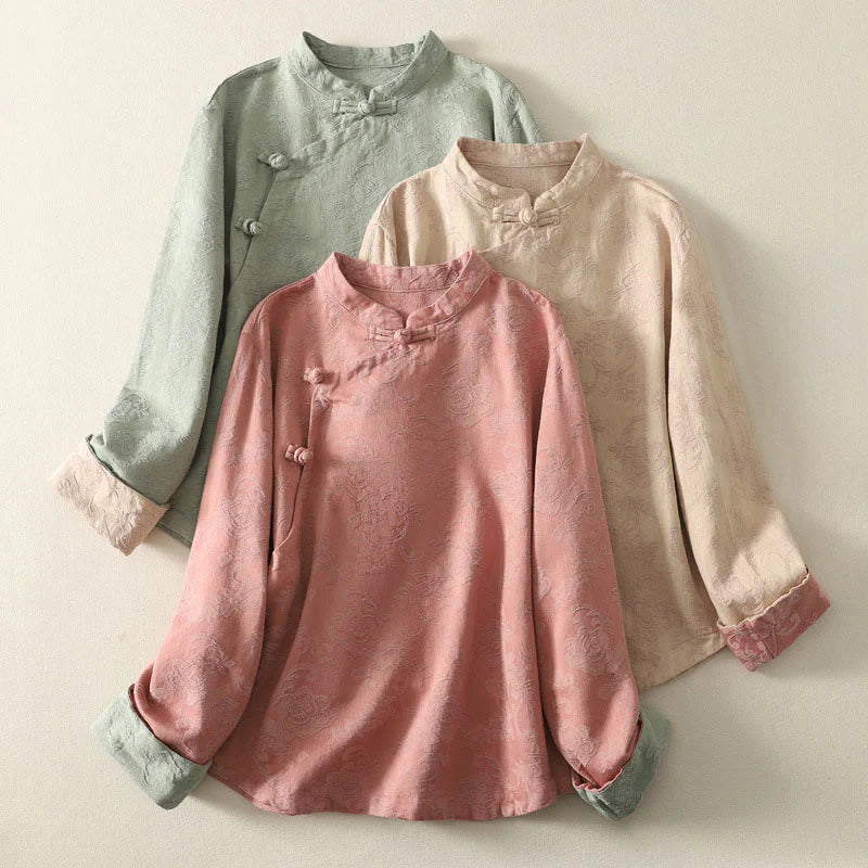 Buddha Stones Spring Plain Jacquard Design Women's Cotton Zen Long Sleeve Shirt