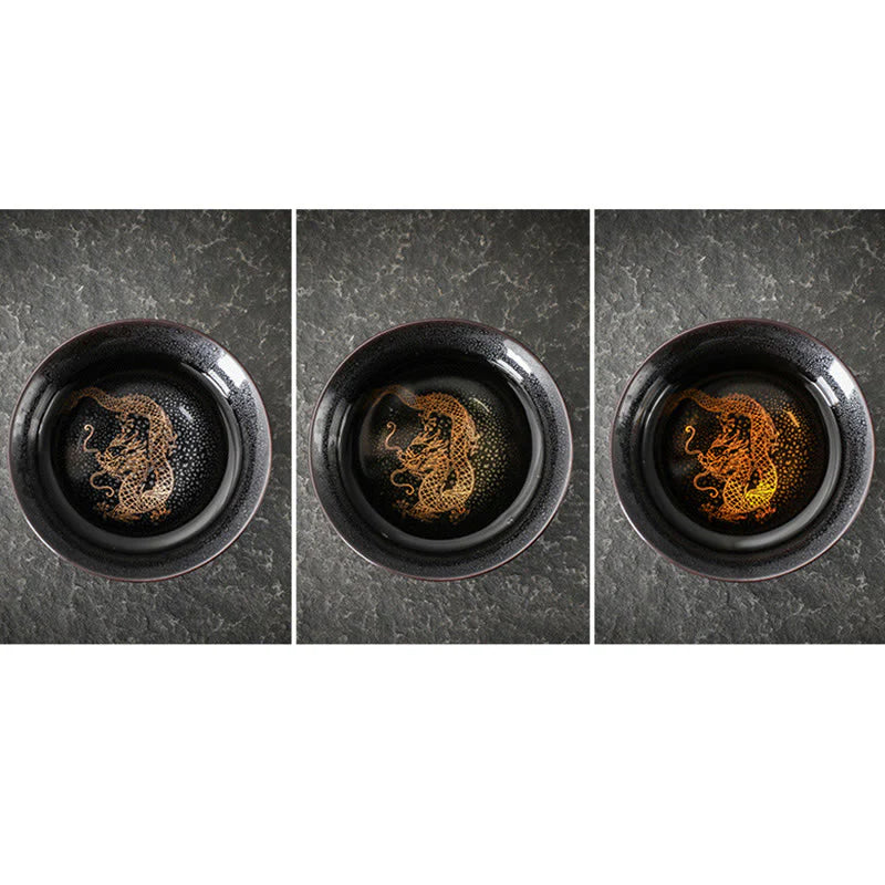 Buddha Stones Gold Leaf Chinese Jianzhan Dragon Phoenix Lotus Avalokitesvara Koi Fish Ceramic Teacup Tenmoku Kung Fu Tea Cup Bowl