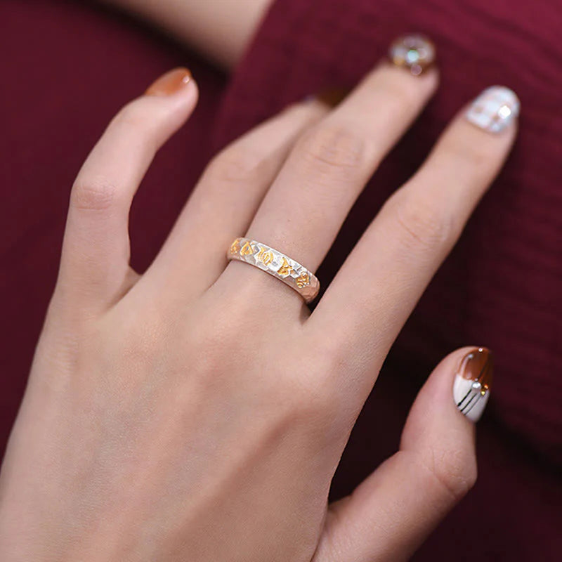 Buddha Stones Hammer Pattern Om Mani Padme Hum Copper Plated Silver Wealth Ring