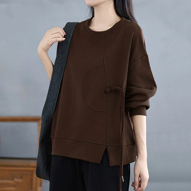 Buddha Stones Plain Frog-button Design Crew Neck Cotton Women's Long Sleeve Sweatshirt