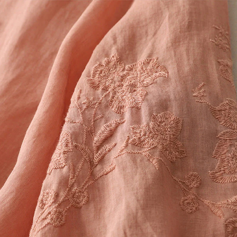 Buddha Stones Embroidery Button-down Women's Cotton Linen Shirt