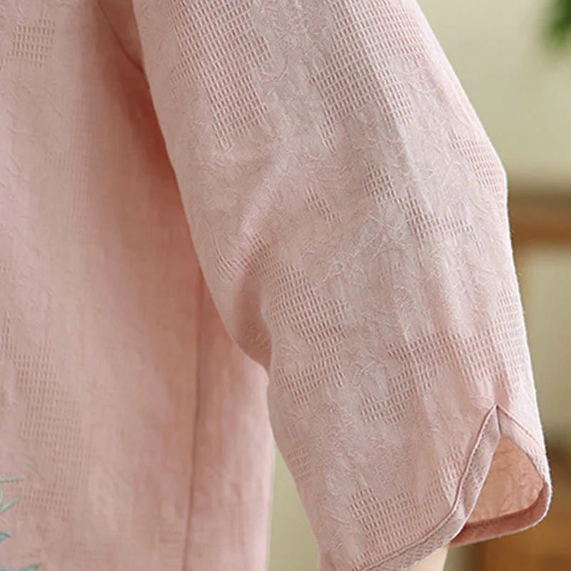 Buddha Stones Flower Embroidery Three Quarter Sleeve One Frog-Button Mandarin Collar Cotton Women's Shirt