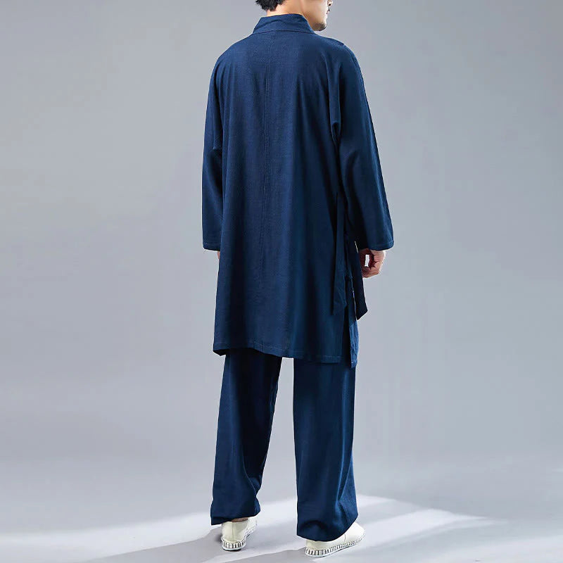 Buddha Stones 2Pcs V-Neck Men's Long Sleeve Shirt Top Pants Meditation Zen Tai Chi Cotton Linen Clothing Set