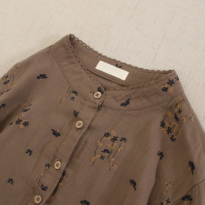 Buddha Stones Spring Small Floral Print Buttons Design Crew Neck Long Sleeve Midi Dress With Pockets
