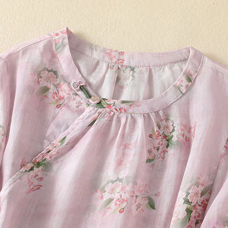 Buddha Stones Crew Neck Casual Frog-Button Floral Print Pattern Blouse Half Sleeve Women's Shirts