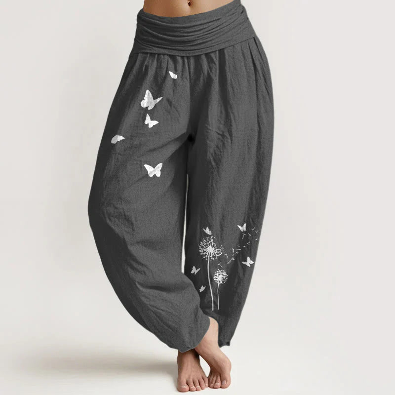 Buddha Stones Pure Cotton Elegant Butterfly Dandelion Pattern Women's Elastic Waist Harem Pants