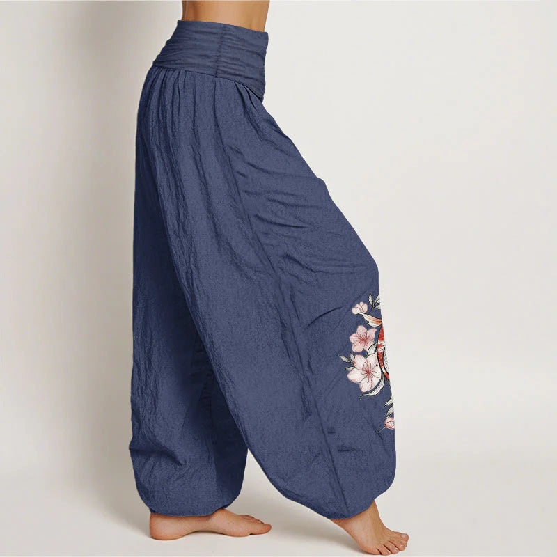 Buddha Stones Cotton Koi Fish Pink Peach Blossoms Pattern Women's Elastic Waist Harem Pants