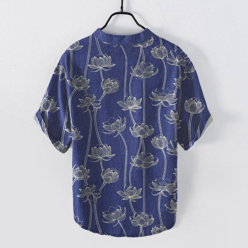 Buddha Stones Cotton Harmonious Lotus Pattern Men's Short Sleeve Half Button Shirt