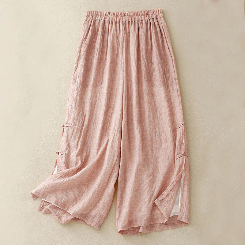 Buddha Stones Frog-Button Hem Slit Design Women's Wide Leg Cotton Linen Pants With Pockets