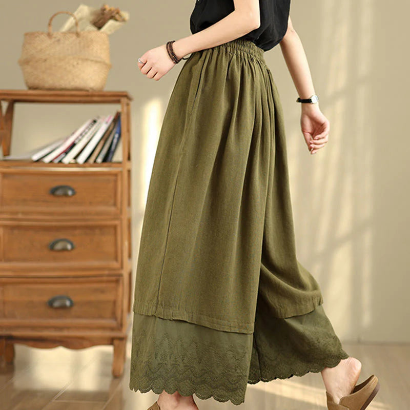 Buddha Stones Spring Embroidery Lace Hem Patchwork Drawstring Design Women's Wide Leg Cotton Pants With Pockets