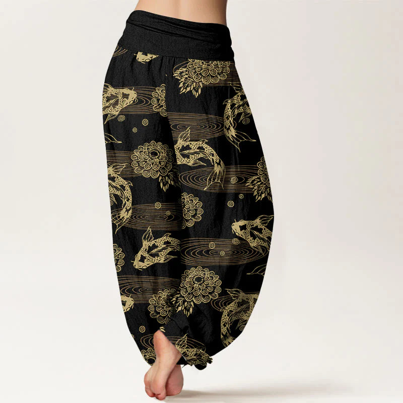 Buddha Stones Cotton Exquisite Koi Fish Flowers Leaves Curve Pattern Women's Elastic Waist Harem Pants