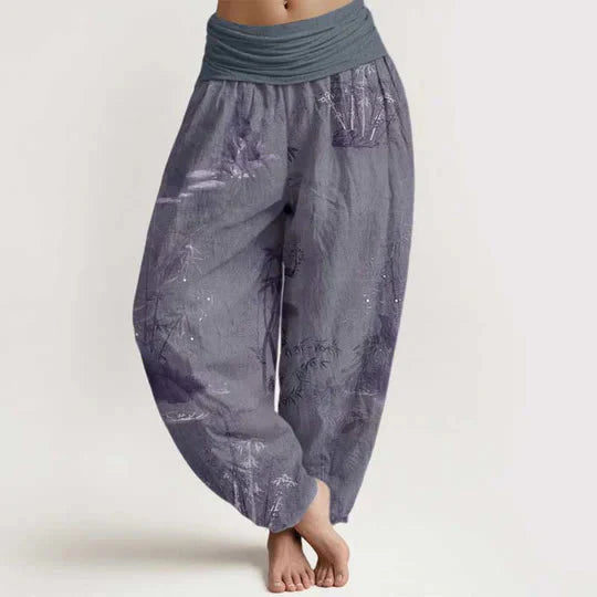 Buddha Stones Cotton Casual Bamboo Rock Ink Painting Women's Elastic Waist Harem Pants