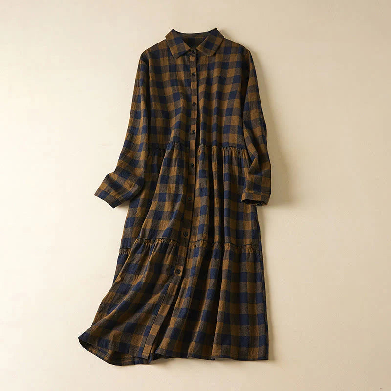 Buddha Stones Contrast Color Plaid Buttons Design Long Sleeve Midi Dress With Pockets