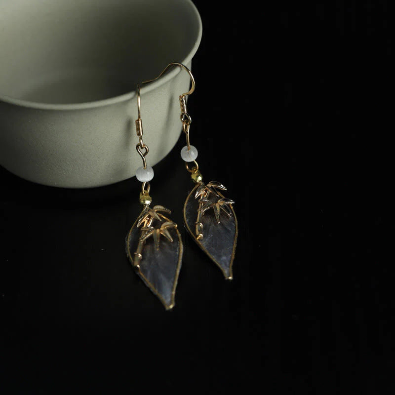 Buddha Stones Handcrafted Silk Art Bamboo Design Copper Hook Luck Protection Dangle Earrings