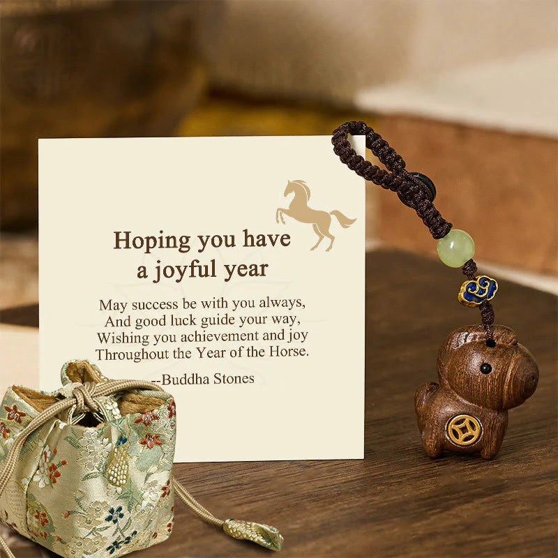Buddha Stones Hoping You Have a Joyful Year Year of the Horse Rainbow Eucalyptus Small Leaf Red Sandalwood Key Chain Includes Gift Message Card