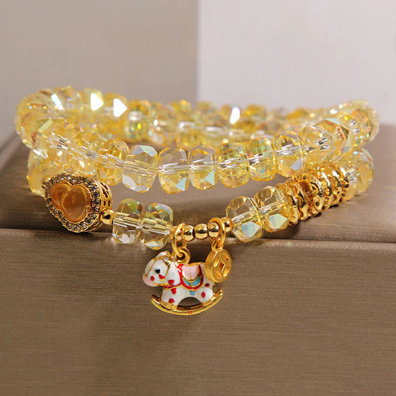Buddha Stones Chinese Zodiac Year Of The Horse Crystal Glass Copper Coin Gourd Double Wrap Bracelet