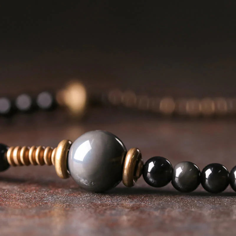 Buddha Stones Rainbow Obsidian Ebony Wood Copper Positive Multilayer Bracelet