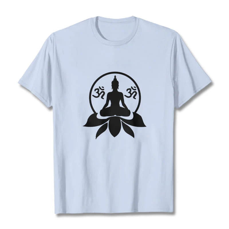 Buddha Stones OM Symbol Sanskrit Mantras Buddha Seated On Lotus Flower Design Tee T-shirt
