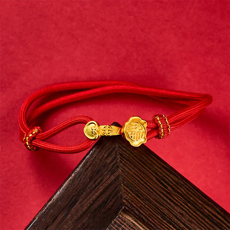 Buddha Stones Ruyi Handle Fu Character Copper Plated Gold Rope Adjustable Luck Bracelet