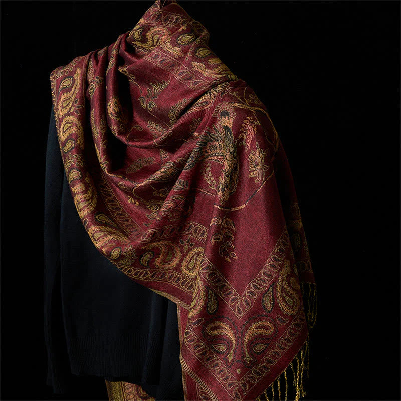 Buddha Stones Spring Maroon Cashew Flower Floral Leaf Pattern Tassel Soft Scarf Shawl