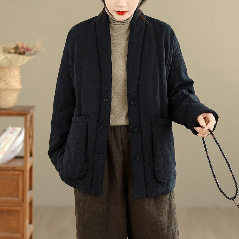 Buddha Stones Winter Solid Long Sleeve Cotton Women's Thermal Jacket With Pockets