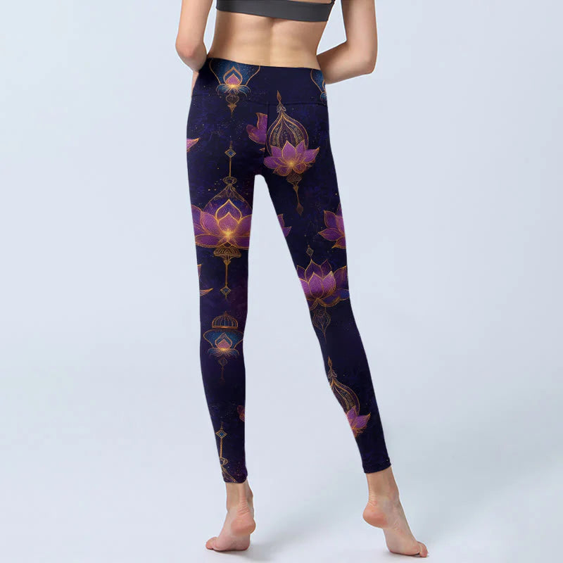 Buddha Stones Dreamlike Lotus Flower Lantern Print Gym Leggings Women's Yoga Pants