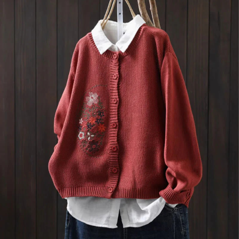 Buddha Stones Floral Embroidery Buttons Cotton Women's Long Sleeve Knitted Cardigan Sweater