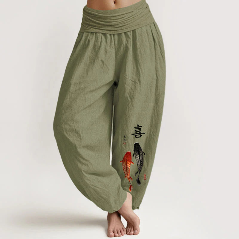Buddha Stones Pure Cotton Concise Koi Fish Chinese Character Pattern Women's Elastic Waist Harem Pants