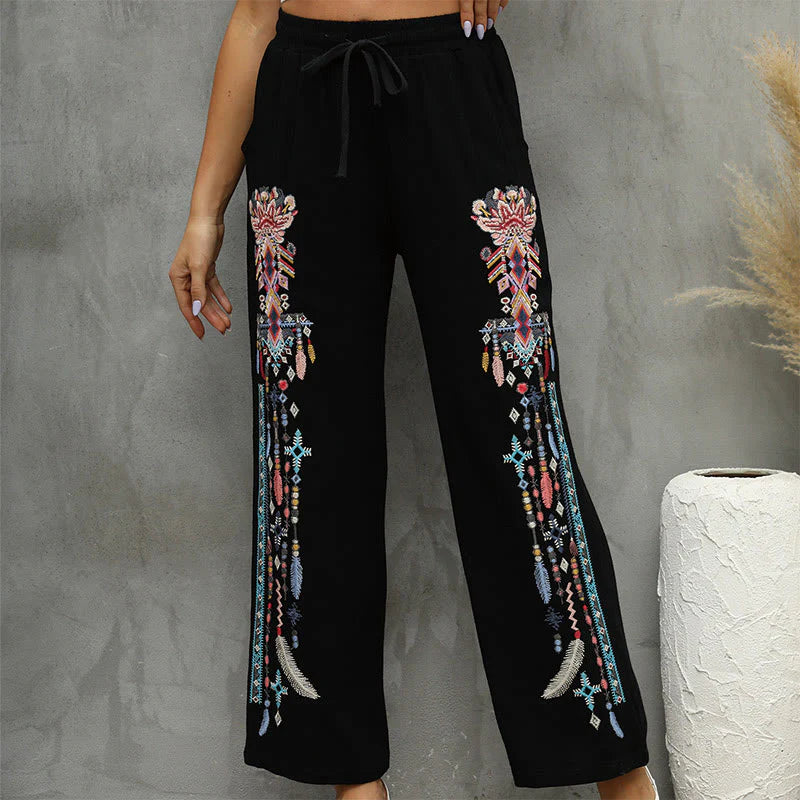 Buddha Stones Black Casual Ethnic Embroidery Cotton Linen Drawstring Women's Pants With Pockets