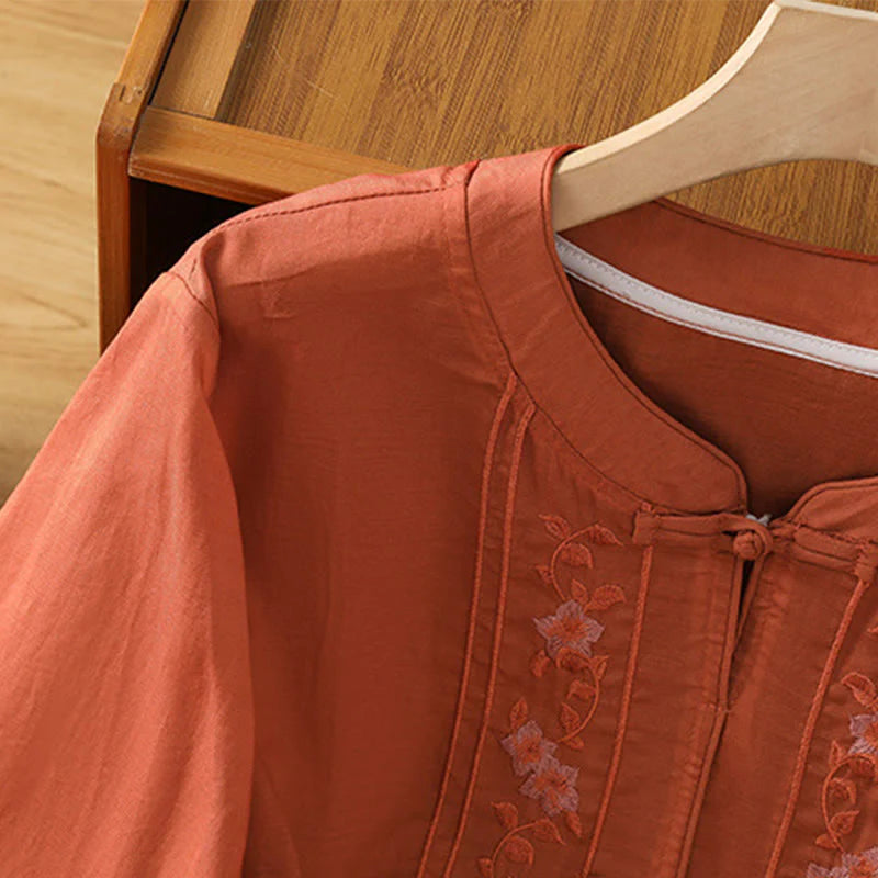 Buddha Stones Frog-button Stand Collar Embroidered Flower Elastic Cuff Three Quarter Sleeve Women's Shirt