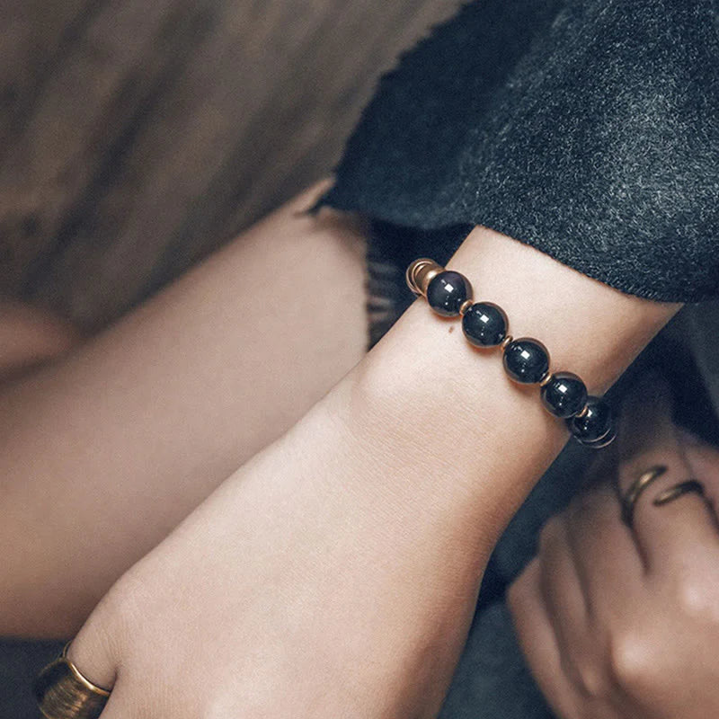 Buddha Stones Lava Rock Stone Rainbow Obsidian Brass Support Healing Bracelet