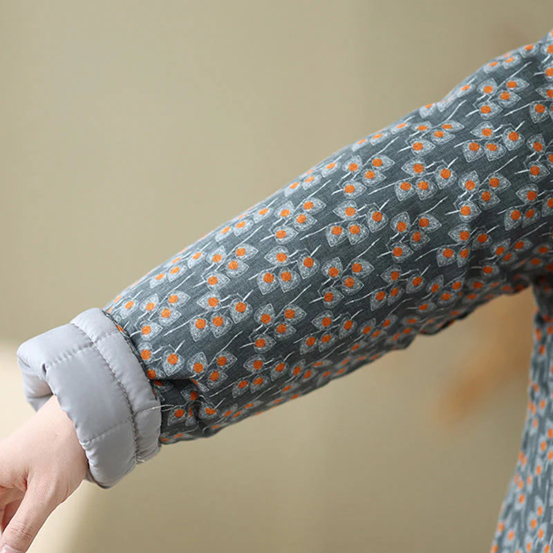 Buddha Stones Winter Frog-button Floral Long Sleeve Women's Thickened Cotton Jacket With Pockets