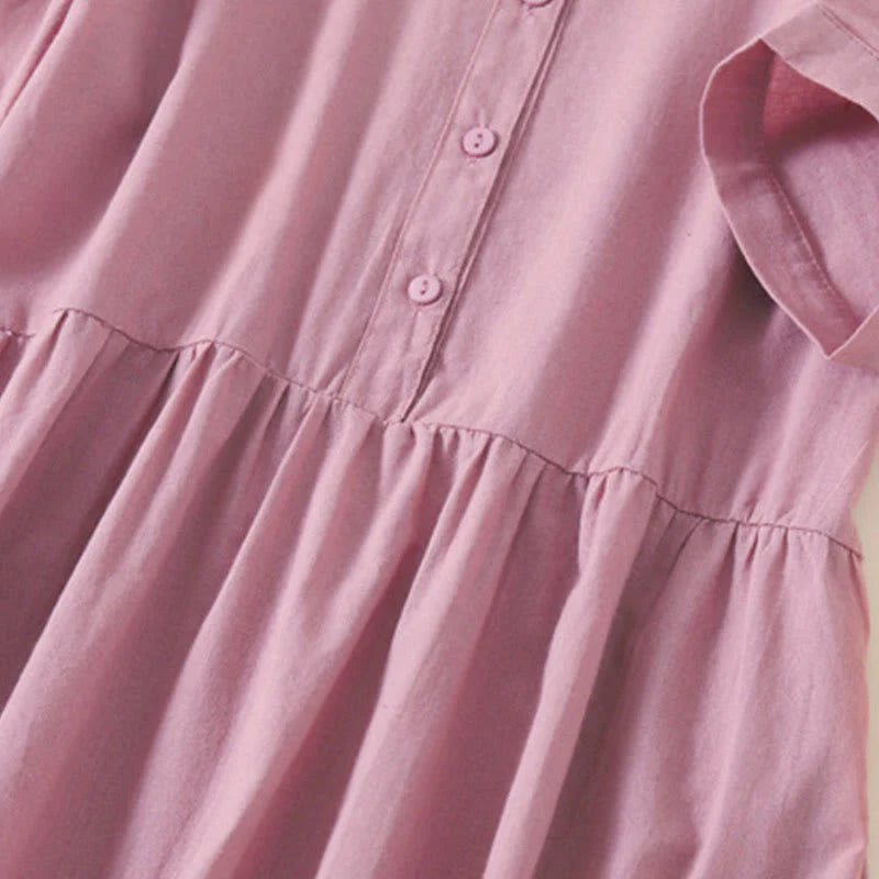 Buddha Stones Summer Buttons Design Short Sleeve Cotton Linen Midi Dress With Pockets