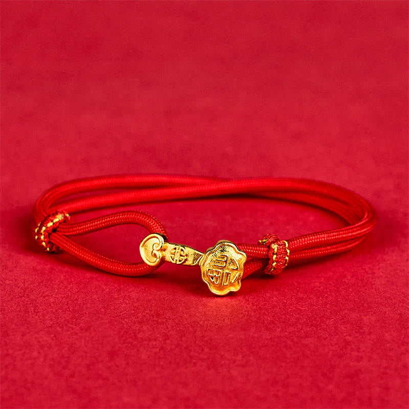 Buddha Stones Ruyi Handle Fu Character Copper Plated Gold Rope Adjustable Luck Bracelet