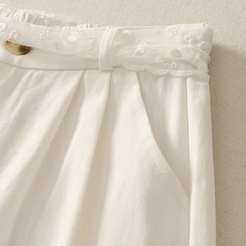 Buddha Stones Daily Solid Color Lace Belt Women's Wide Leg Cotton Pants With Pockets