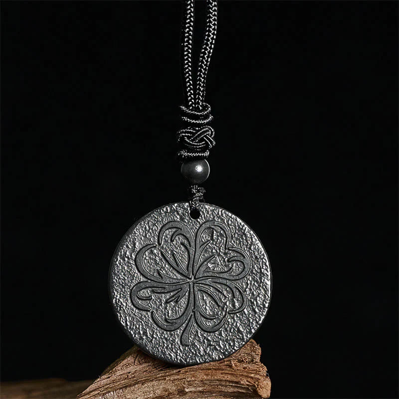 Buddha Stones Four Leaf Clover Authentic Shungite Stone Graphite Stone Protection Necklace Pendant