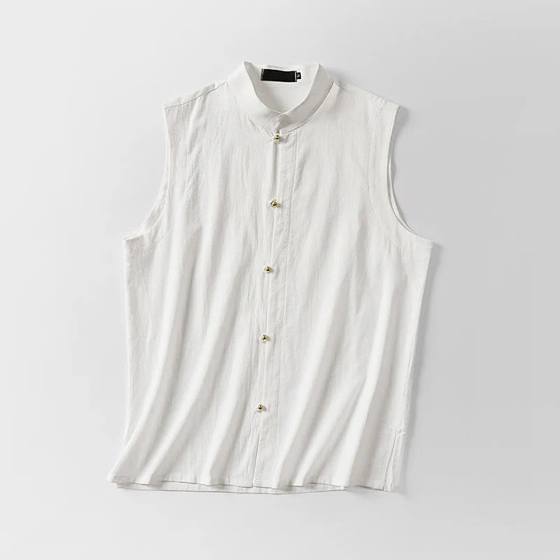 Buddha Stones Summer Solid Color Stand Collar Men's Cotton Linen Sleeveless Vest