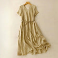 Buddha Stones Summer V-Neck Lace-up Short Sleeve Cotton Linen Women's Midi Dress With Pockets