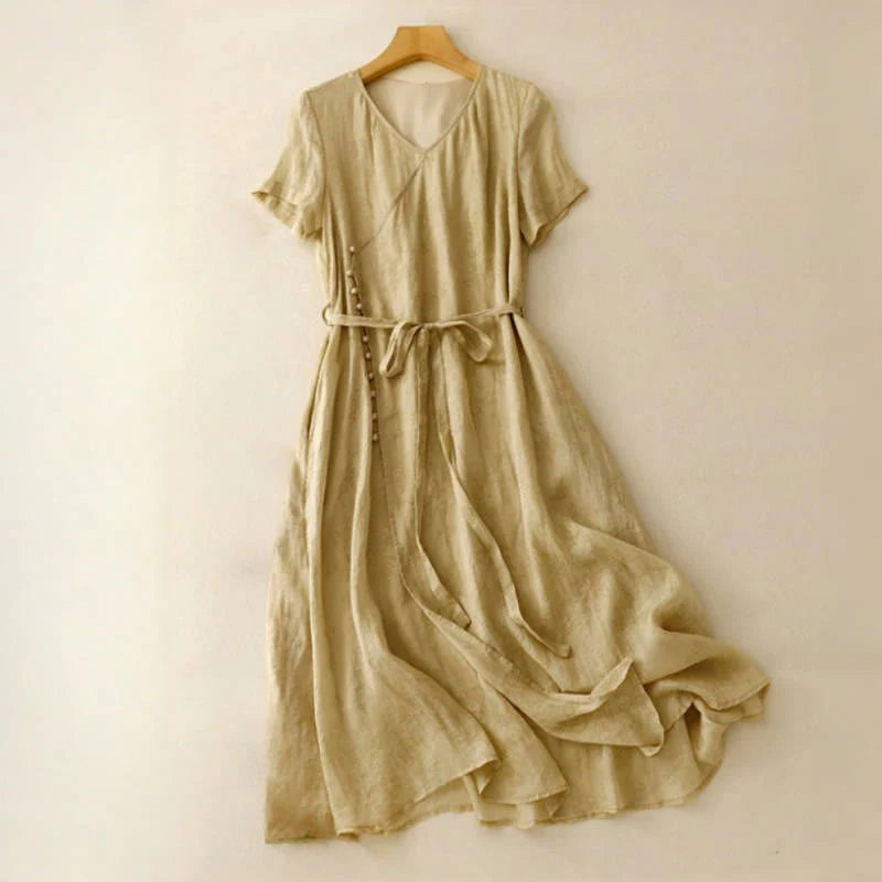 Buddha Stones Summer V-Neck Lace-up Short Sleeve Cotton Linen Women's Midi Dress With Pockets