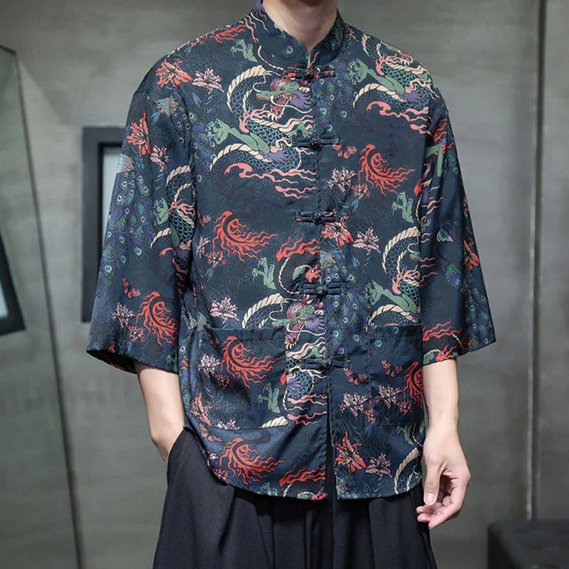 Buddha Stones Spring Frog-Button Dragon Mountain Flower Three Quarter Sleeve Tang Suit Men's Shirt With Pockets
