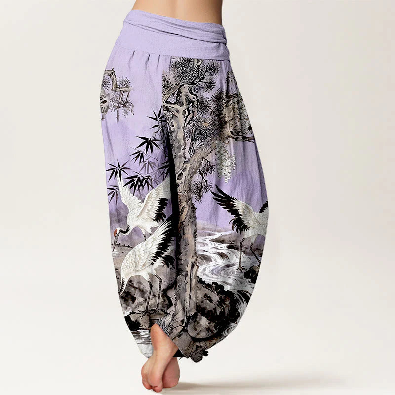 Buddha Stones Pure Cotton Red-crowned Crane Stream Pattern Women's Elastic Waist Harem Pants