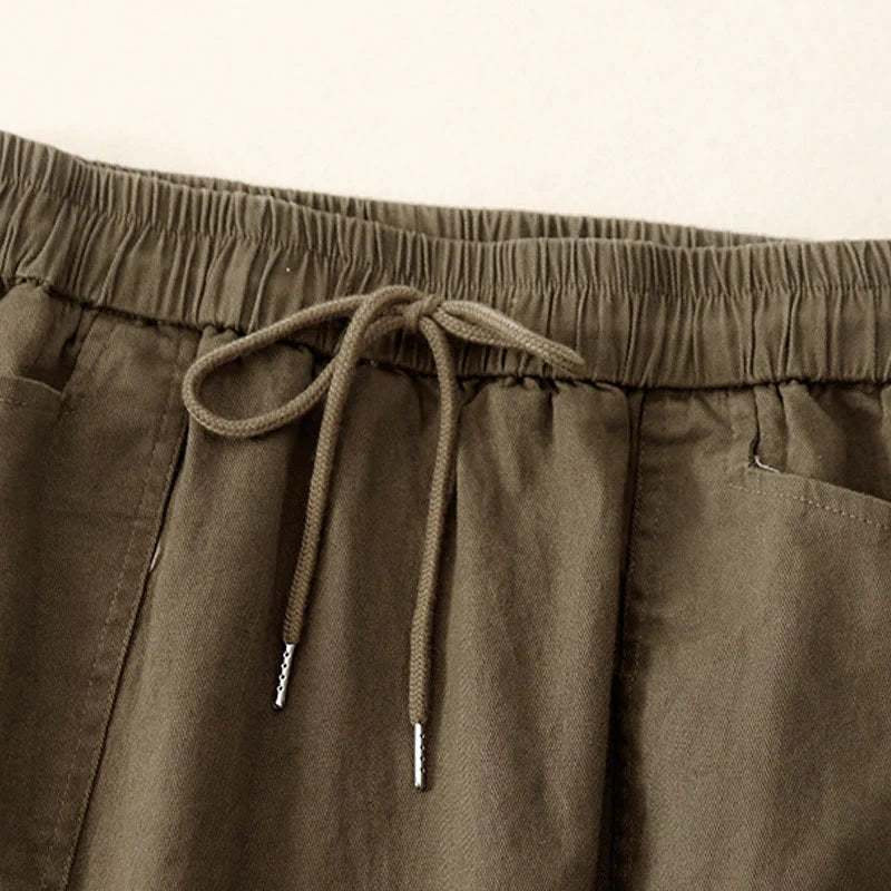 Buddha Stones Vintage Plain Drawstring Button Design Slide Slite Women's Cotton Linen 7-8 Length Skirt With Pockets