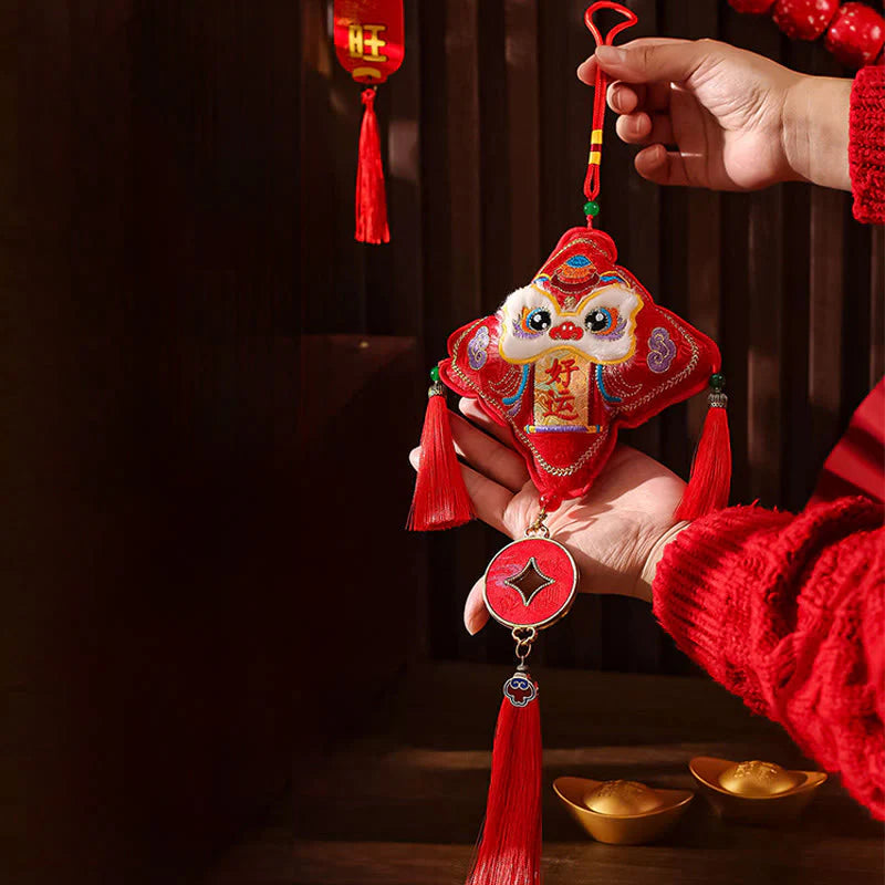 Buddha Stones Embroidery Year Of The Horse Fu Character Copper Coin Shape Red String Hanging Decoration